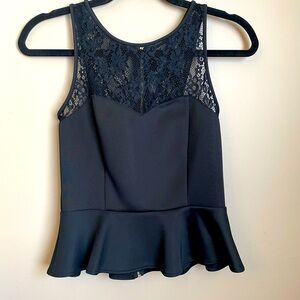 BEBÉ black lace peplum sleeveless top size small